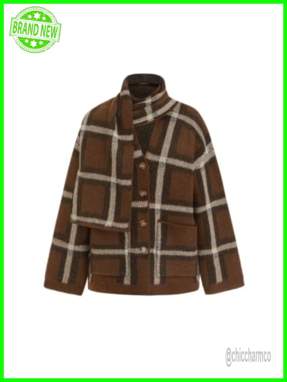 Oversized Plaid Chunky Knit Cardigan Sweater with Matching Scarf